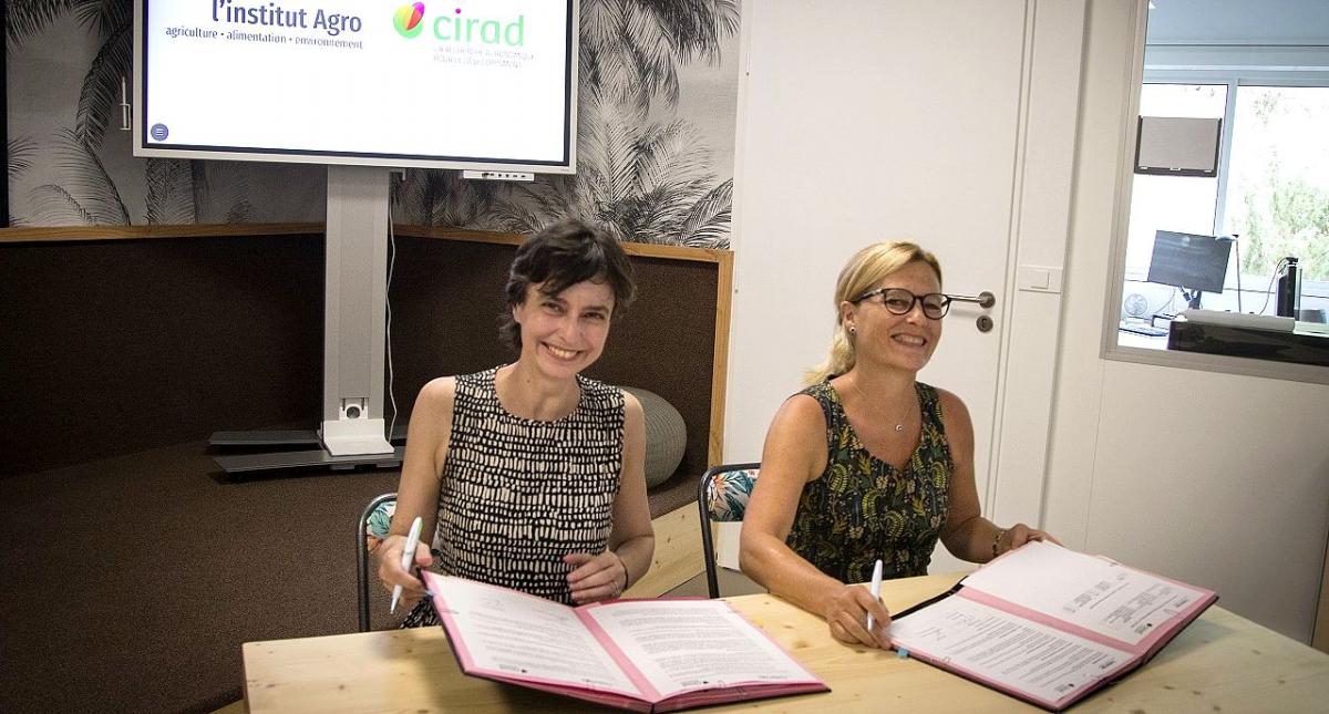 Lundi 12 juillet 2021, Elisabeth Claverie de Saint Martin (à gauche) et Anne-Lucie Wack (à droite) ont signé un accord qui vise à intensifier la coopération entre le Cirad et l'institut Agro dans les domaines de la formation © C. Cornu, Cirad